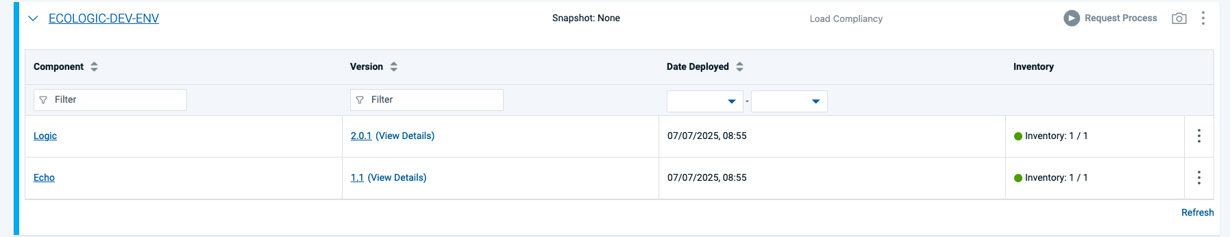 Environment with deployed versions of components