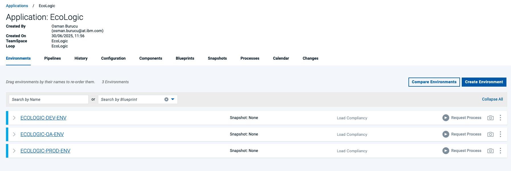 Deploy Application Environment List