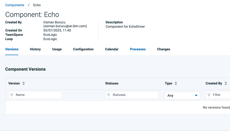 Component - Newly Created Comp Processes view