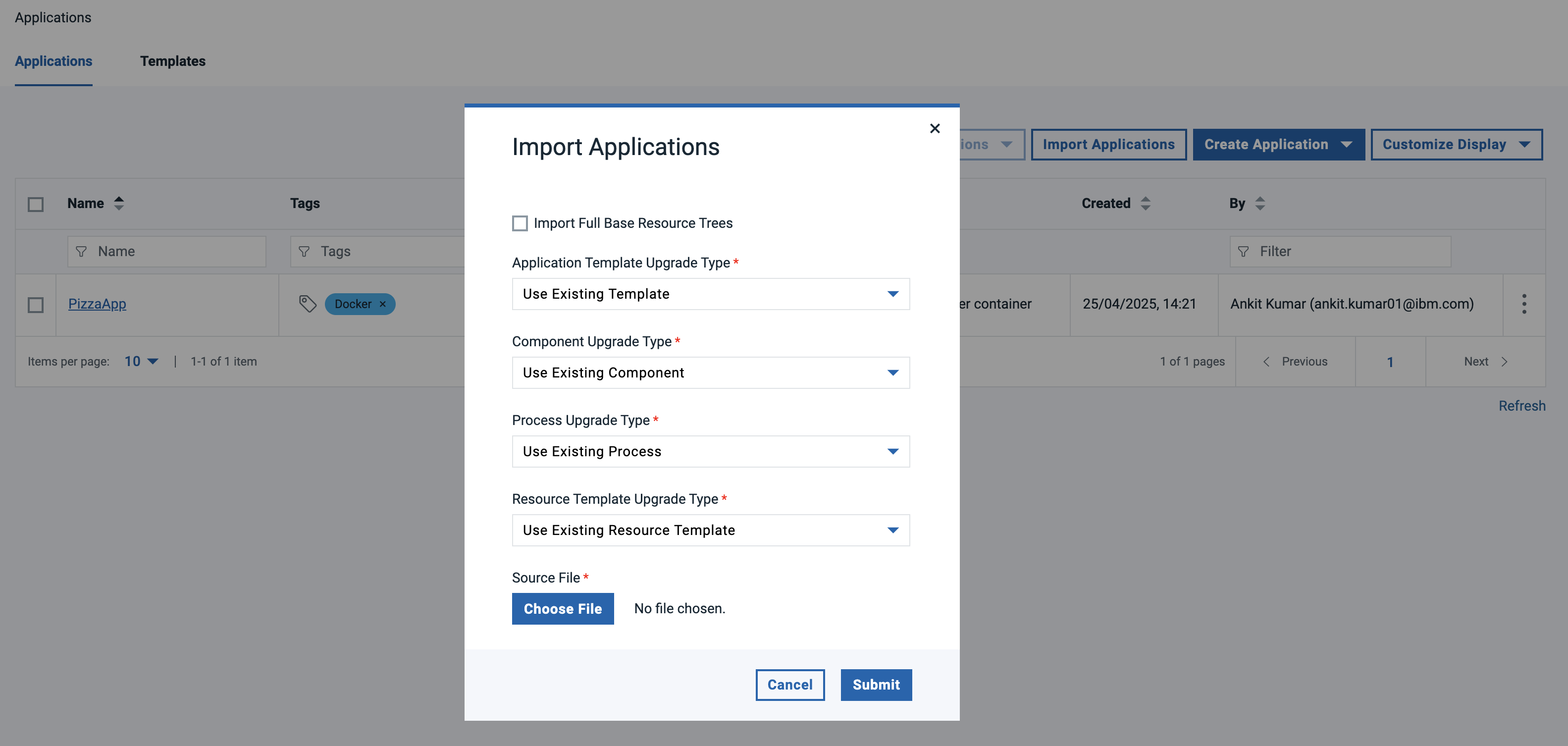 Deploy Import Application Page
